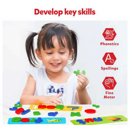 Smiling girl plays with colorful letter puzzles for skill development