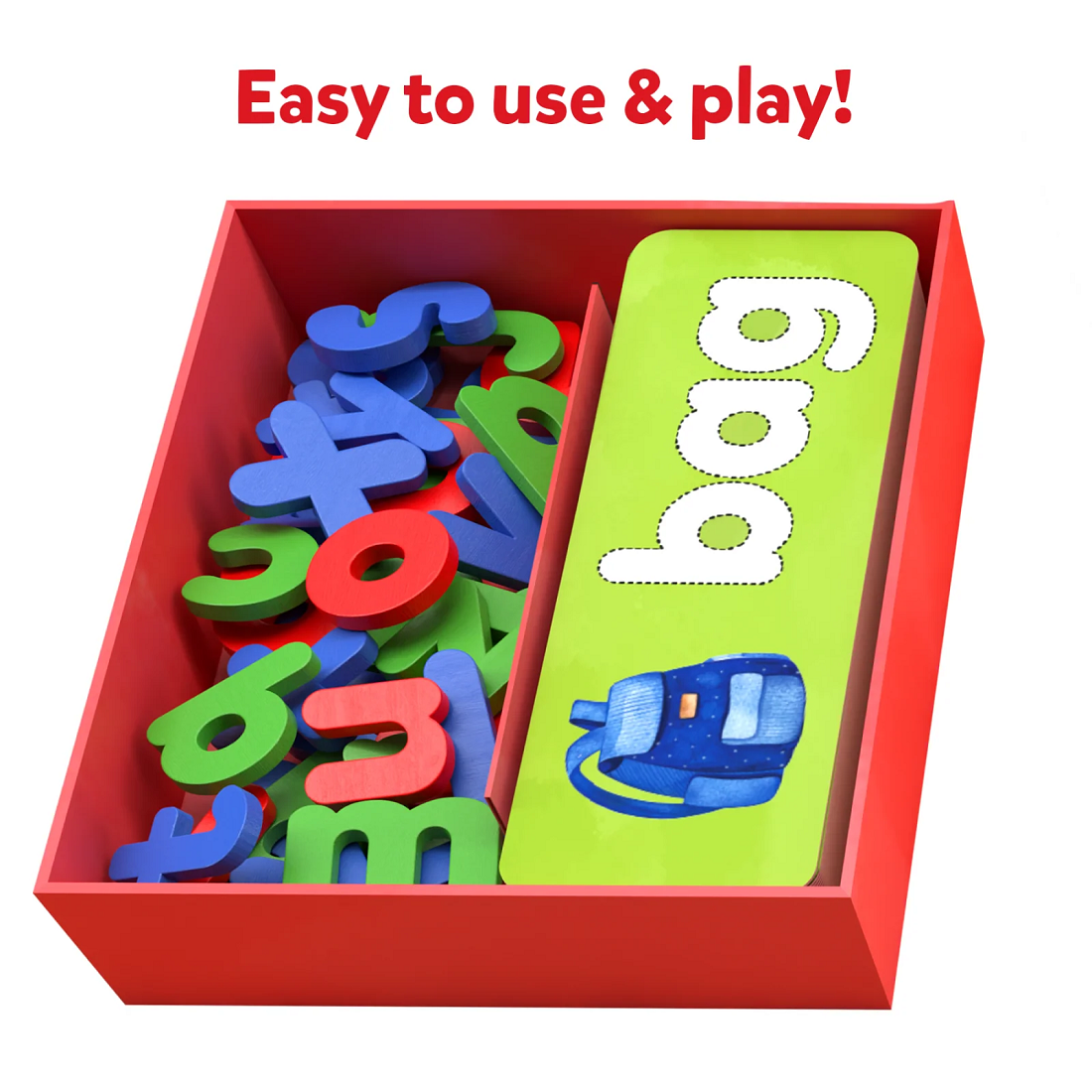 Word builder learning toy box with colorful alphabet pieces and a spelling card showing the word "bag"