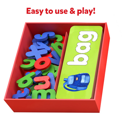 Word builder learning toy box with colorful alphabet pieces and a spelling card showing the word "bag"