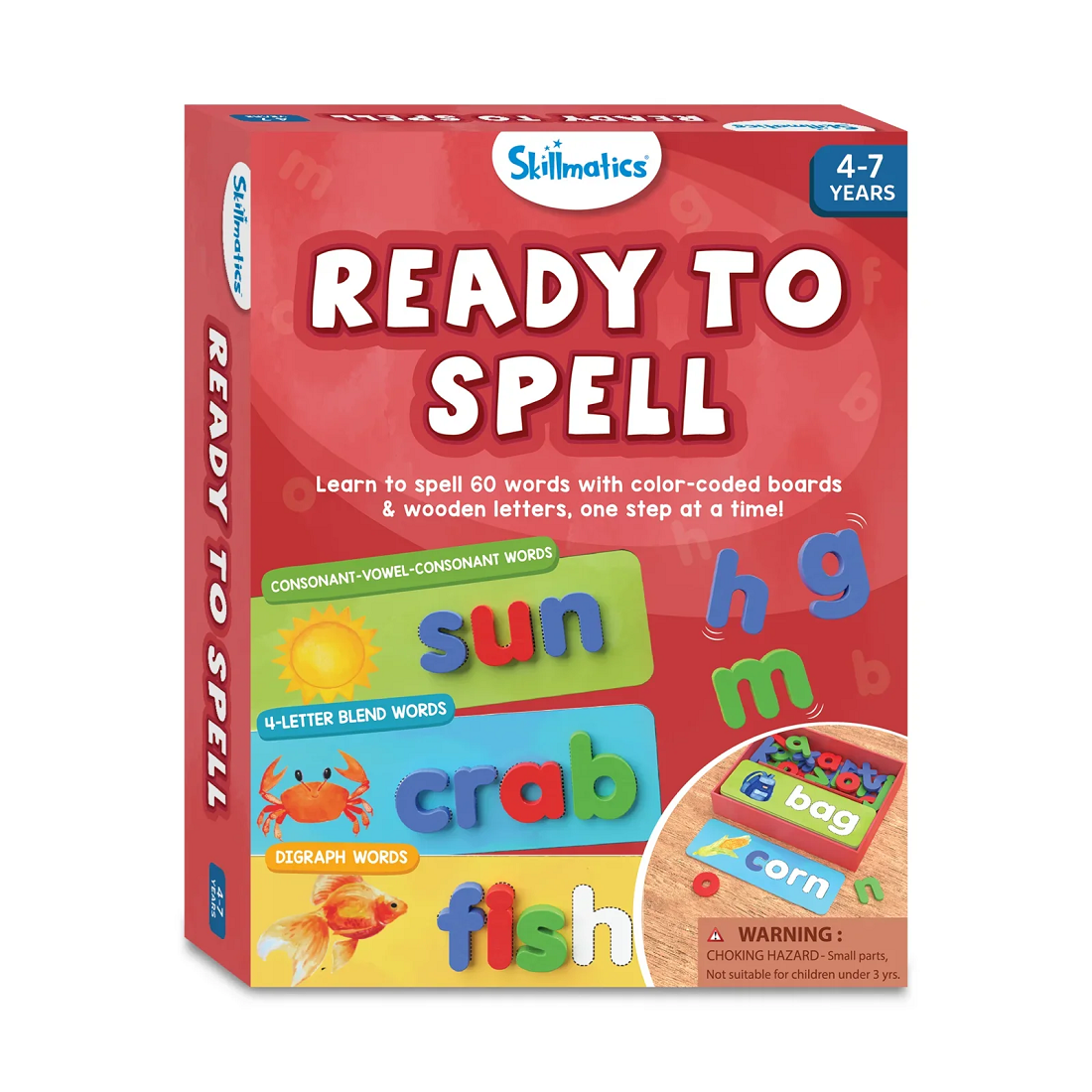 Skillmatics Ready To Spell game box showing colorful word boards and wooden letters