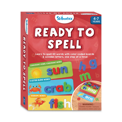 Skillmatics Ready To Spell game box showing colorful word boards and wooden letters