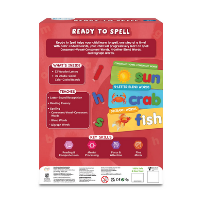Box packaging for "Ready to Spell" educational game featuring colorful examples of words like 'sun,' 'crab,' and 'fish'