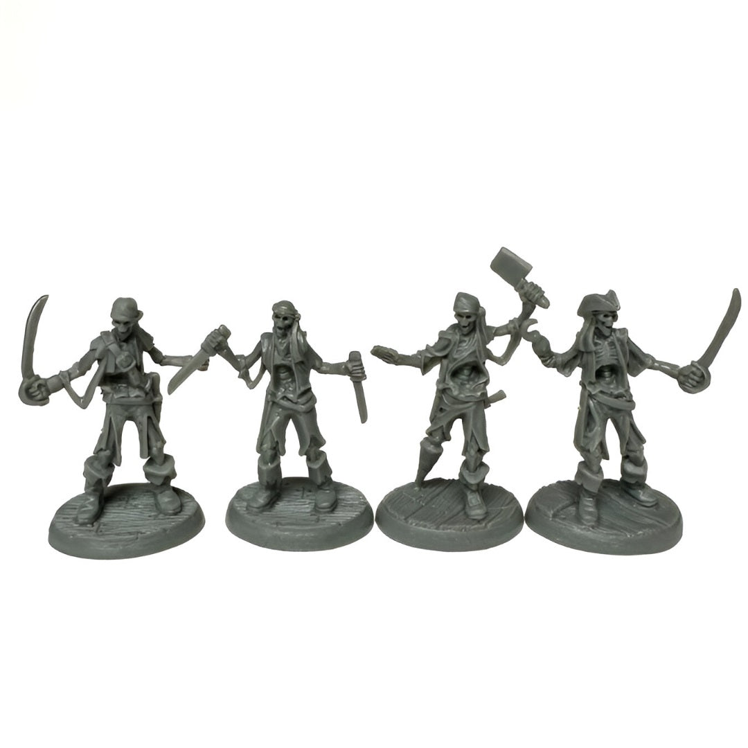 Four grey unpainted skeletal pirate miniatures, each holding weapons like swords and daggers