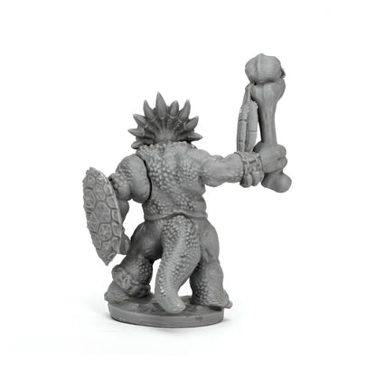 Unpainted grey monster miniature, rear view, with bumpy skin, spikes, a shield, and a bone club