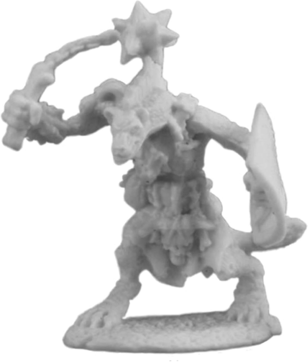 Grey fantasy monster miniature with a spiky flail raised overhead and a shield