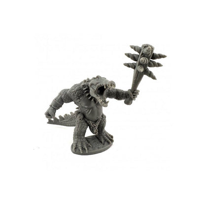 Unpainted lizardman miniature with an open, fanged mouth and scaly skin, holding a large spiked club in an aggressive pose