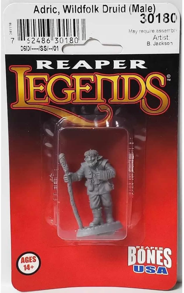 Packaged Reaper Legends 'Adric, Wildfolk Druid (Male)' miniature: bearded figure with staff