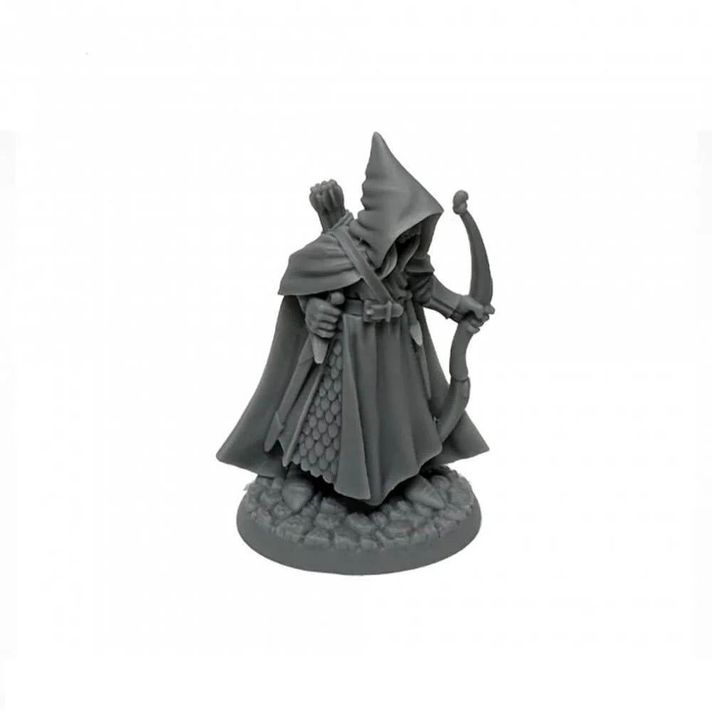 A grey, unpainted fantasy miniature of a hooded archer with a bow and quiver