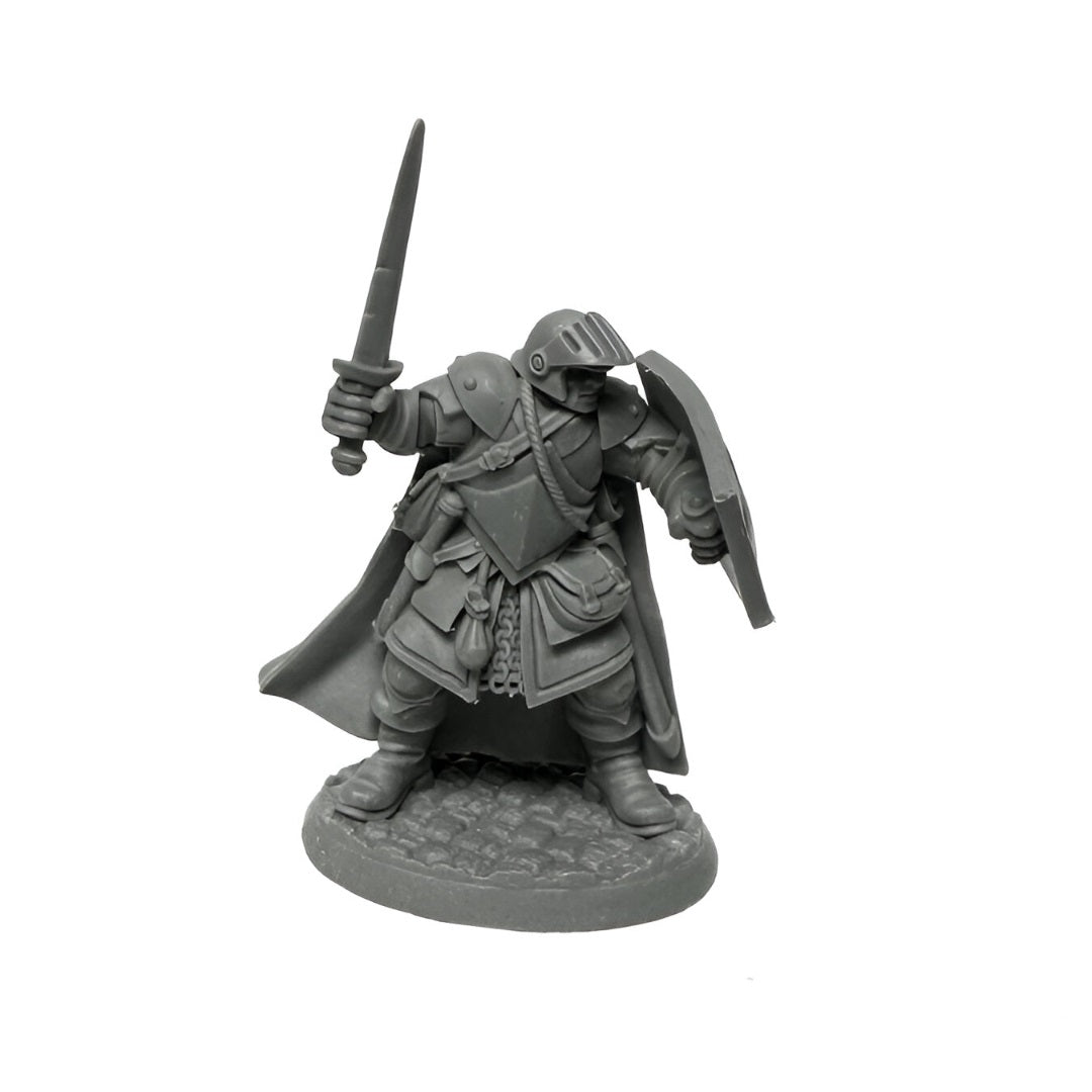 Unpainted grey miniature knight in full armor, holding a sword aloft and a shield