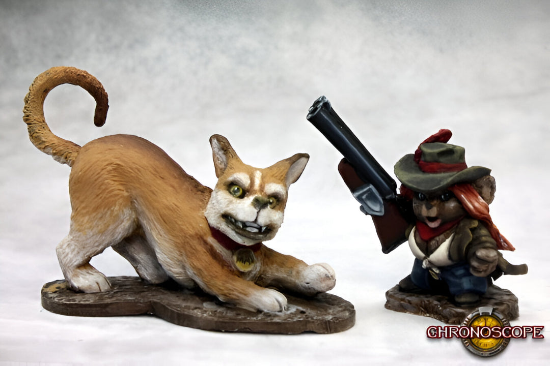 Miniature: a tan cat with a toothy grin crouches, facing a mouse cowboy holding a shotgun