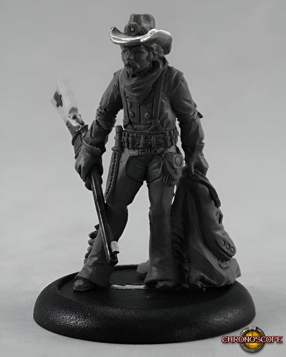 Grey miniature of a Western frontiersman in a cowboy hat, holding a rifle and a folded coat