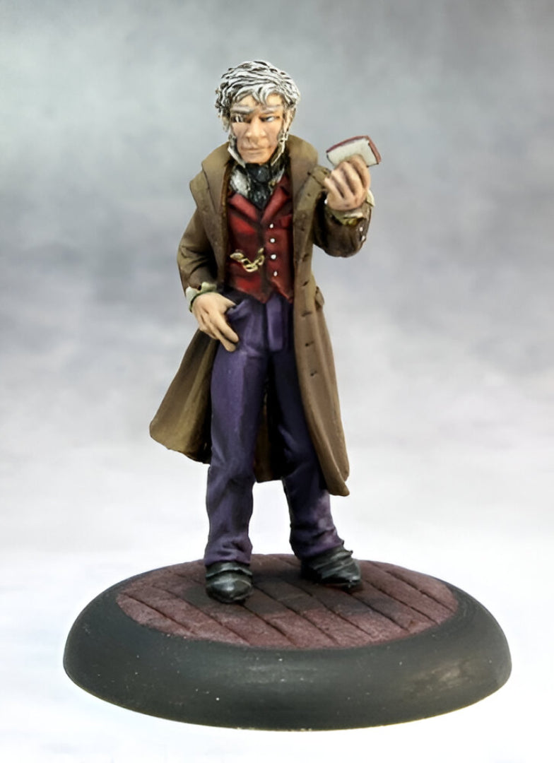 A painted miniature of a man in a brown coat, red vest, holding a small book. One hand is in his pocket