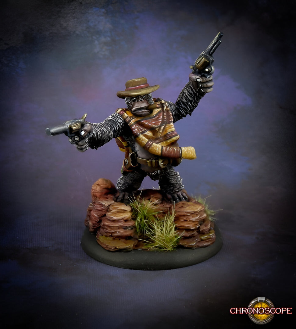 Miniature of a gorilla gunslinger wearing a cowboy hat and poncho, dual-wielding revolvers on a rocky base