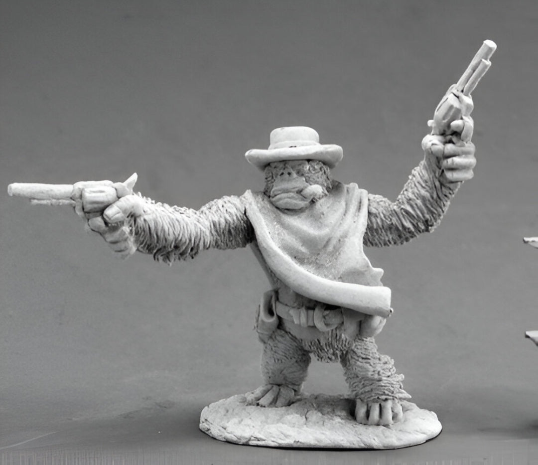 Grey scale miniature of a cowboy gorilla gunslinger wearing a hat and scarf, dual-wielding revolvers