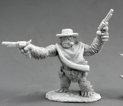 Grey scale miniature of a cowboy gorilla gunslinger wearing a hat and scarf, dual-wielding revolvers