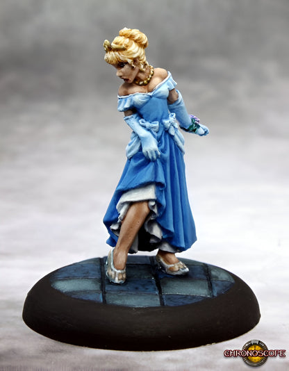 Hand-painted miniature of Cinderella in a blue ball gown, gloves, and glass slippers, looking down, losing a shoe