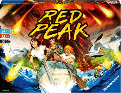 Red Peak board game: Three adventurers row through stormy seas, escaping a volcanic eruption raining fire and debris