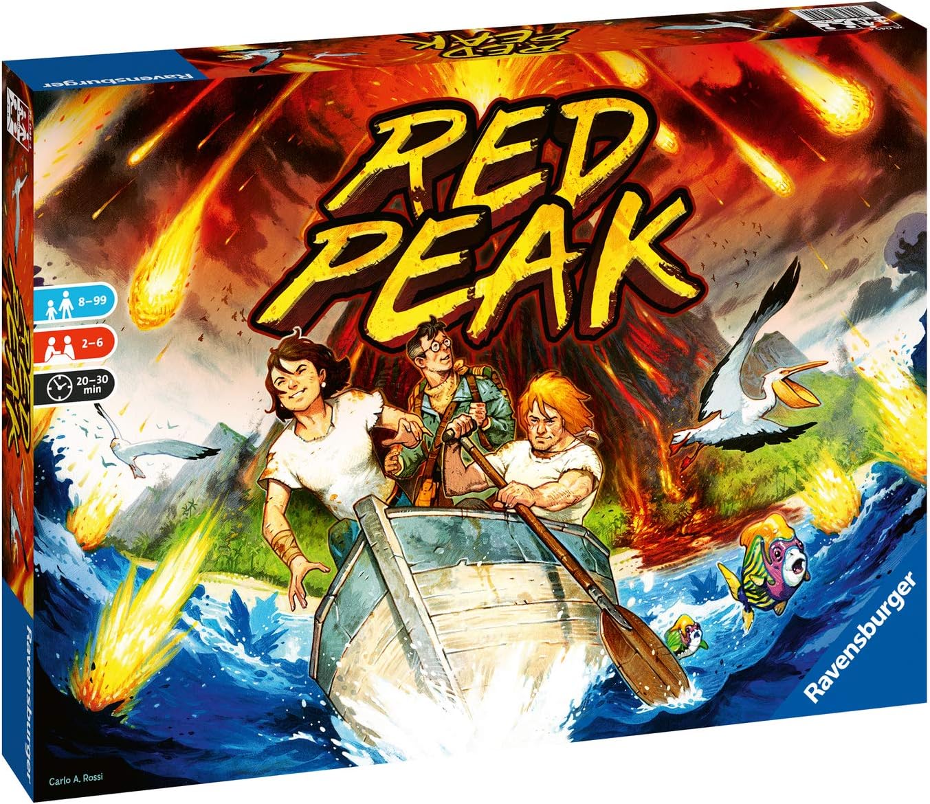 Red Peak board game box art: Three people in a boat escape a volcanic eruption and falling meteors on rough seas
