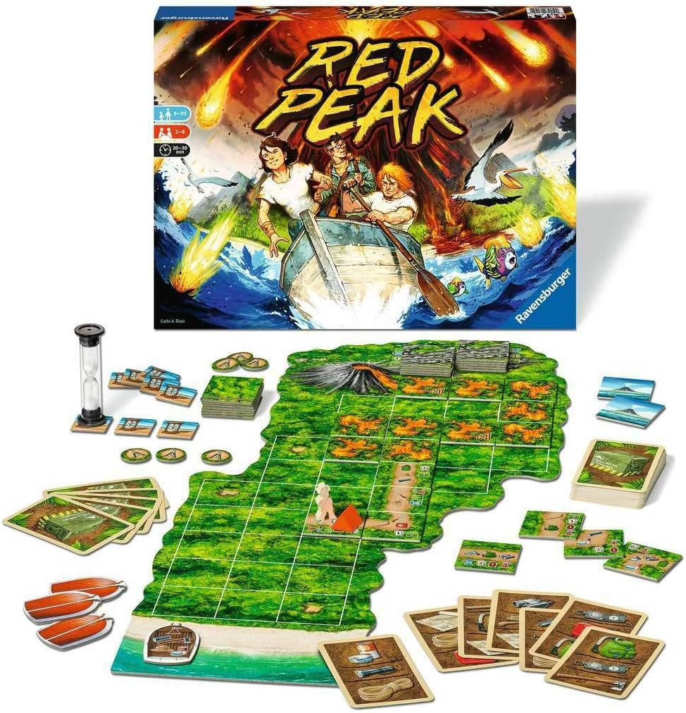 Red Peak board game displayed, featuring box art of people escaping a volcano, island game board, cards, tokens, and hourglass