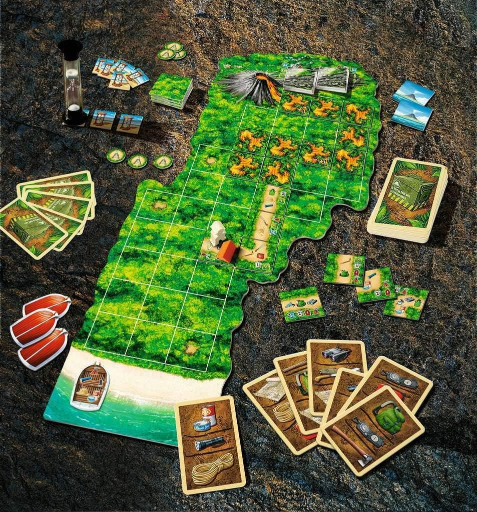 Vibrant board game: island board with volcano, boat, player pieces, cards, and hourglass on dark surface
