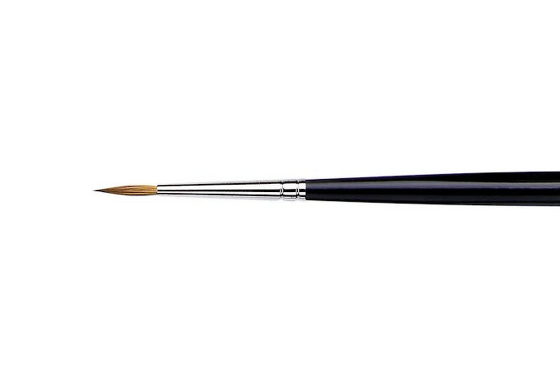 A brown-bristled, fine-tipped paintbrush with a silver ferrule and black handle