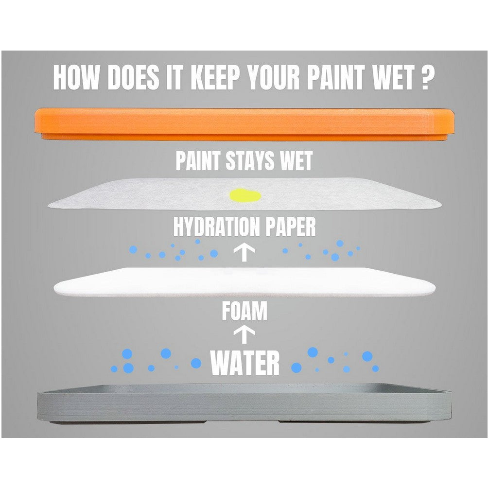 Layered diagram shows how a wet palette keeps paint moist. Water wicks up through foam and hydration paper