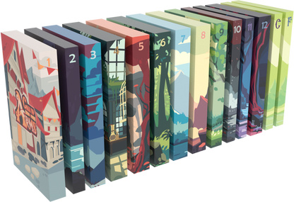 A row of colorful Regicide Legacy Reset Box spines, numbered 1 through 12, with two additional boxes marked G and F, each featuring a unique landscape illustration