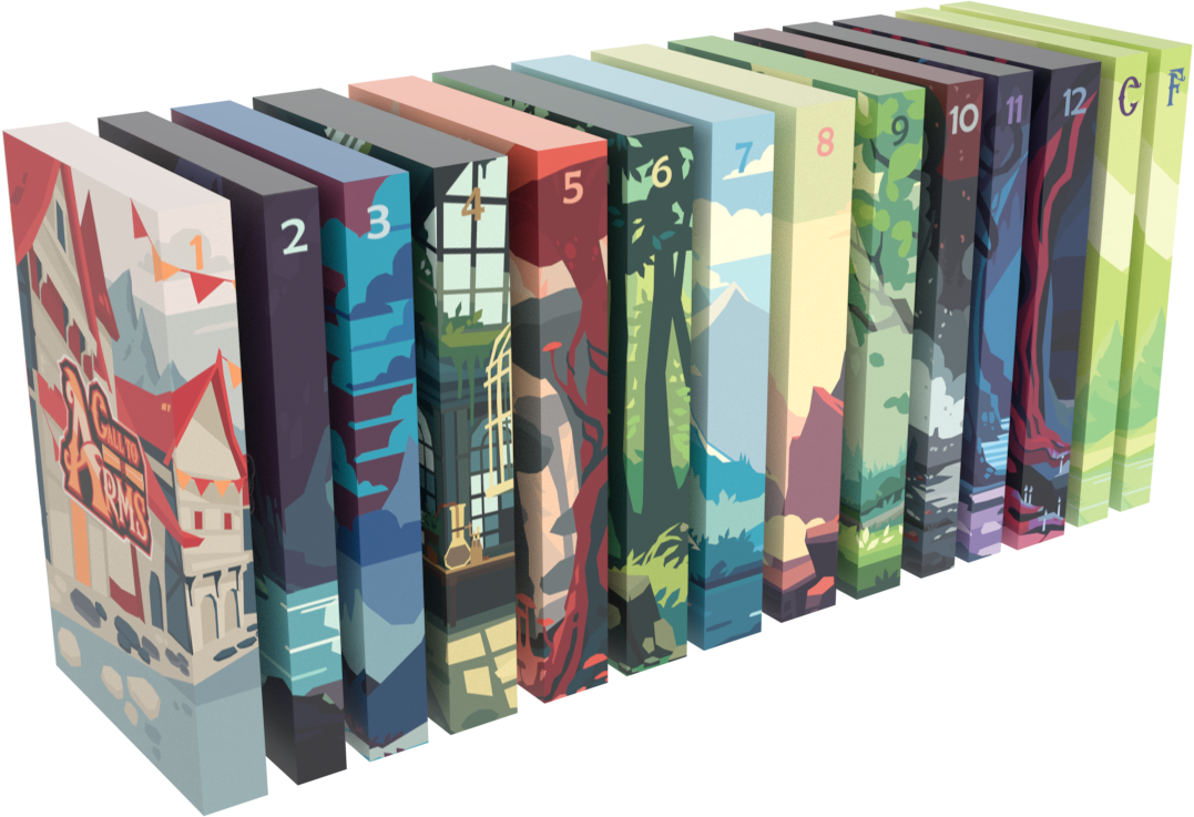 A row of colorful Regicide Legacy Reset Box spines, numbered 1 through 12, with two additional boxes marked G and F, each featuring a unique landscape illustration