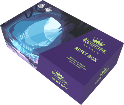 A purple Regicide Legacy Reset Box with glowing blue cave artwork on the top and green text on the side