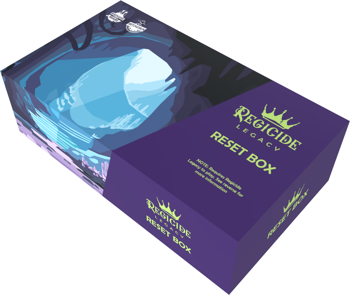 A purple Regicide Legacy Reset Box with glowing blue cave artwork on the top and green text on the side