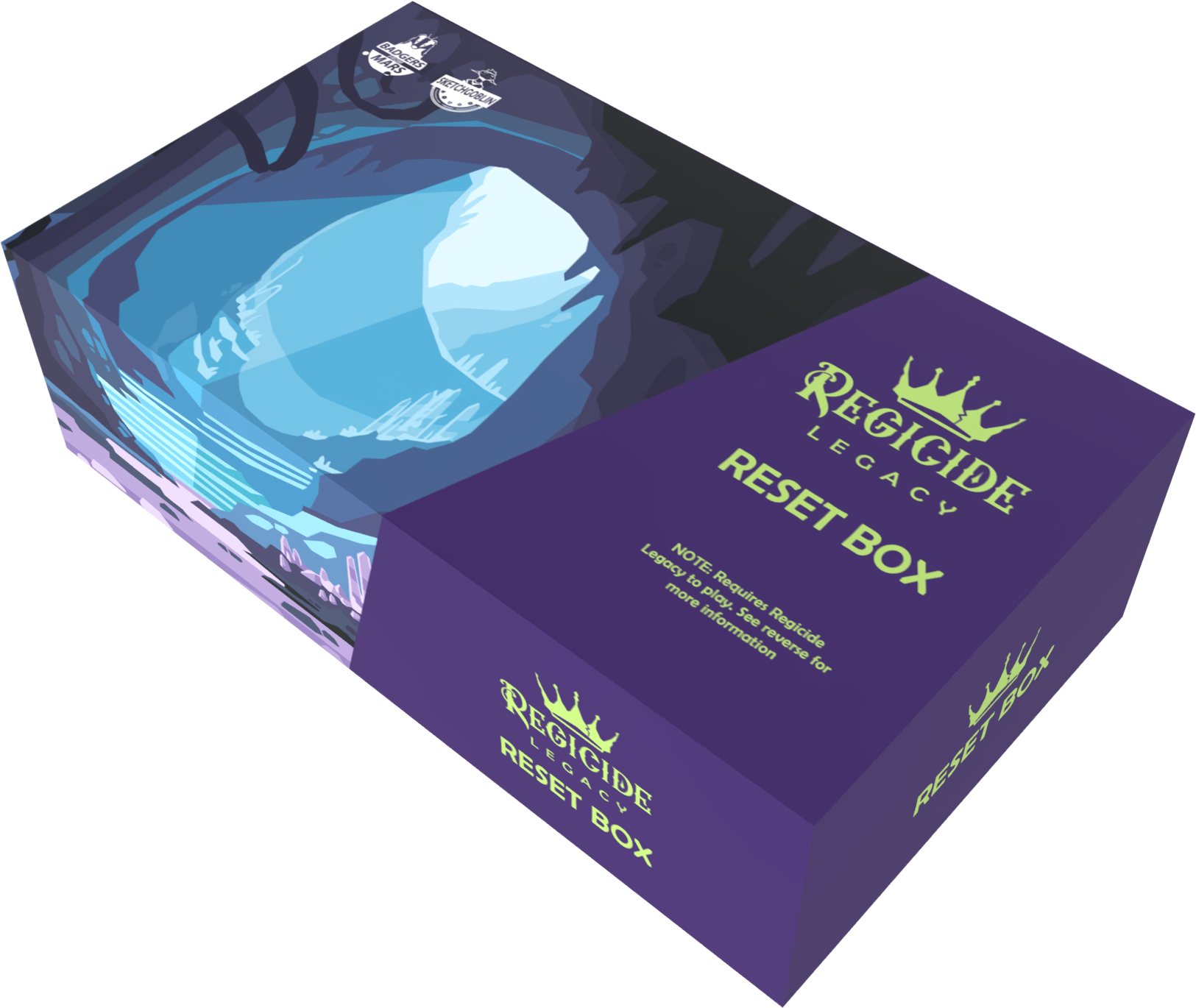 A purple Regicide Legacy Reset Box with glowing blue cave artwork on the top and green text on the side