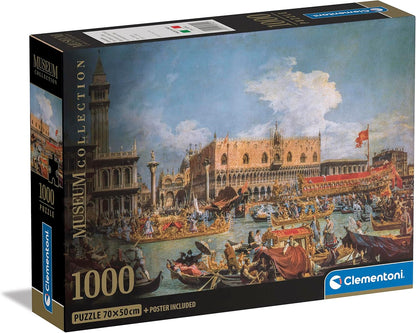 Clementoni Museum Collection 1000-piece jigsaw puzzle box displaying a painting of a grand Venetian canal procession with ornate boats, Doge's Palace, and Campanile
