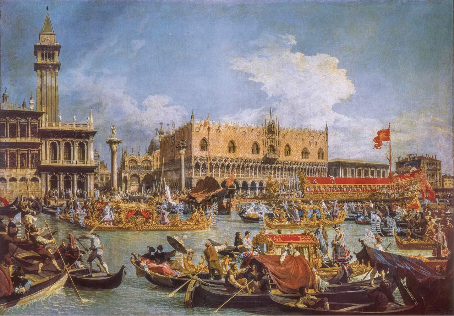 Painting depicting Venice's Grand Canal crowded with ornate boats, including the Bucintoro, Doge's Palace, and Campanile