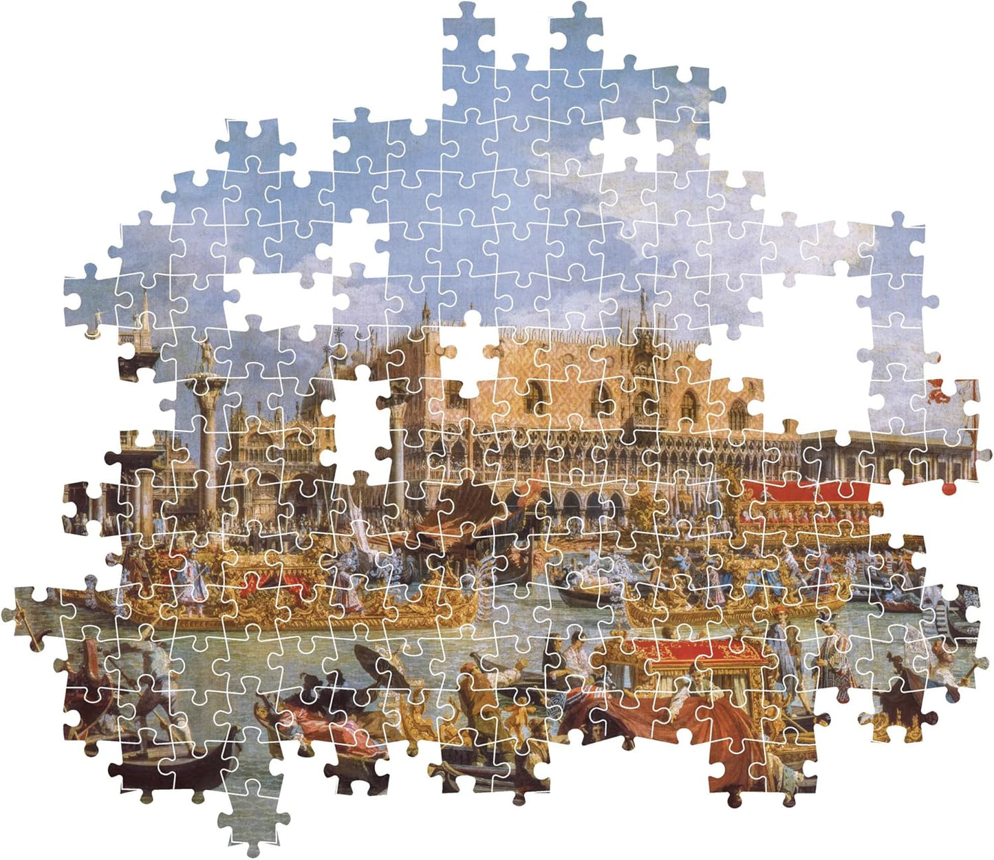 An incomplete jigsaw puzzle of a detailed painting showing Venice's crowded canal, grand palace, and ceremonial boats
