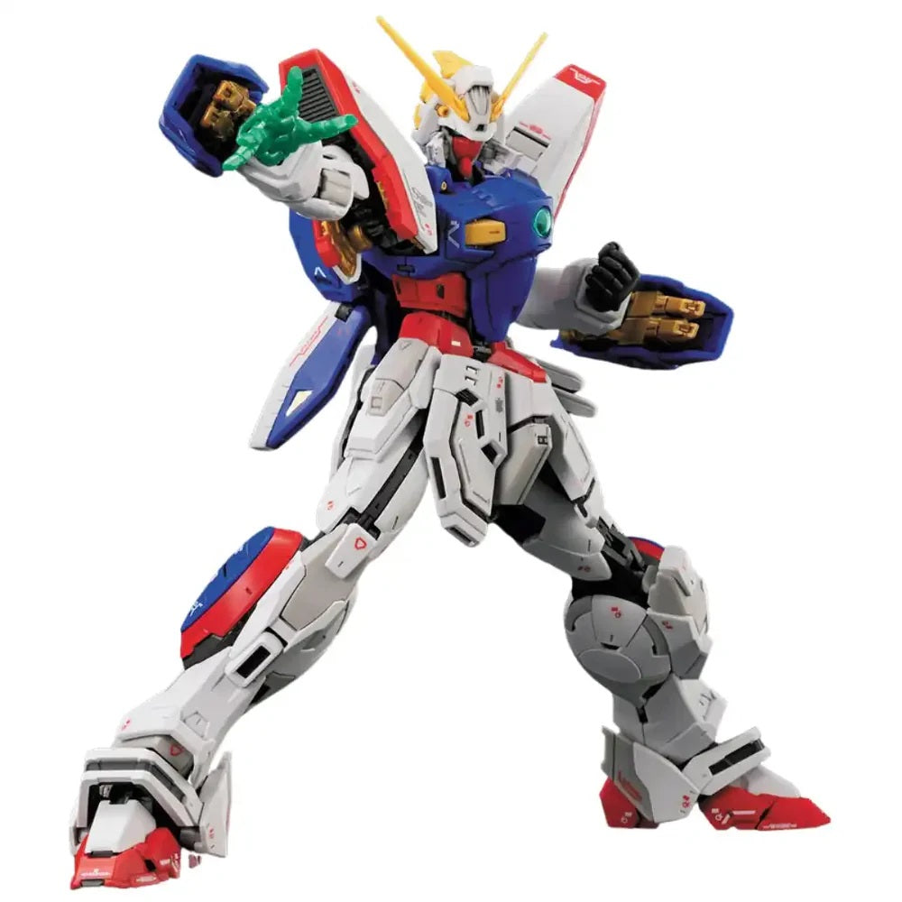 A blue, red, and white Gundam robot model in a dynamic pose, extending its right arm with a green energy effect
