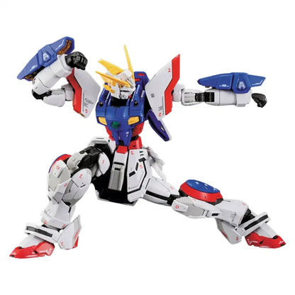A white, blue, and red Gundam model in a dynamic, wide-stance action pose with arms extended