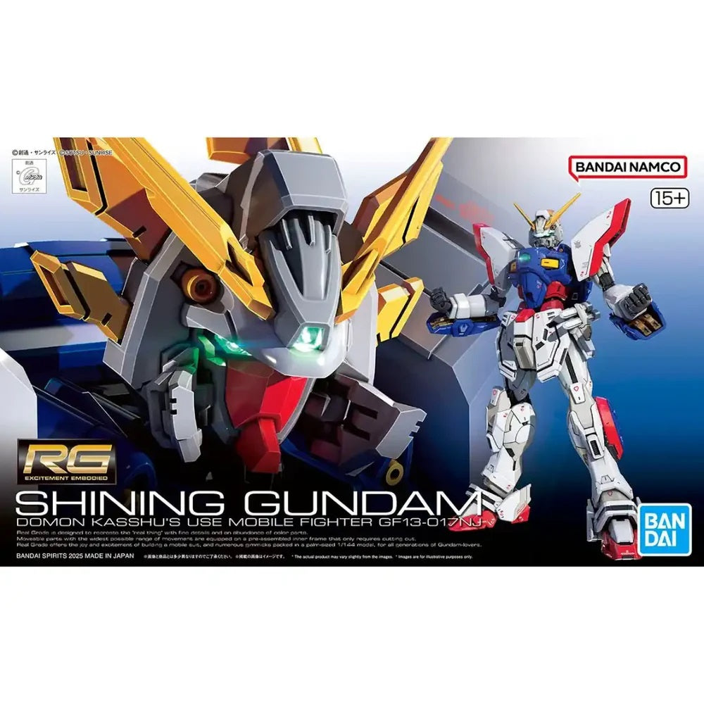 RG Shining Gundam model kit box art featuring a large head detail (grey, red, gold) and a full standing robot (white, blue, red)