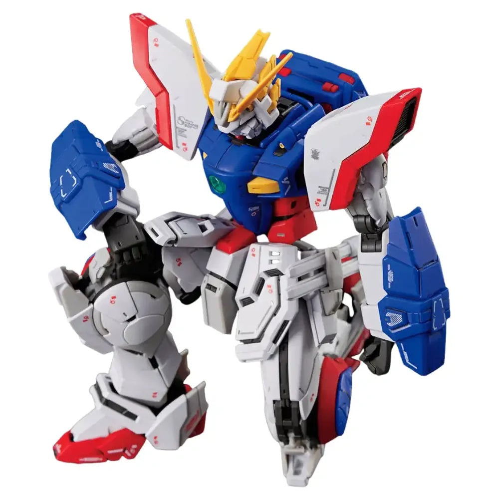 Blue, white, and red Gundam mobile suit model crouching dynamically, one leg lifted