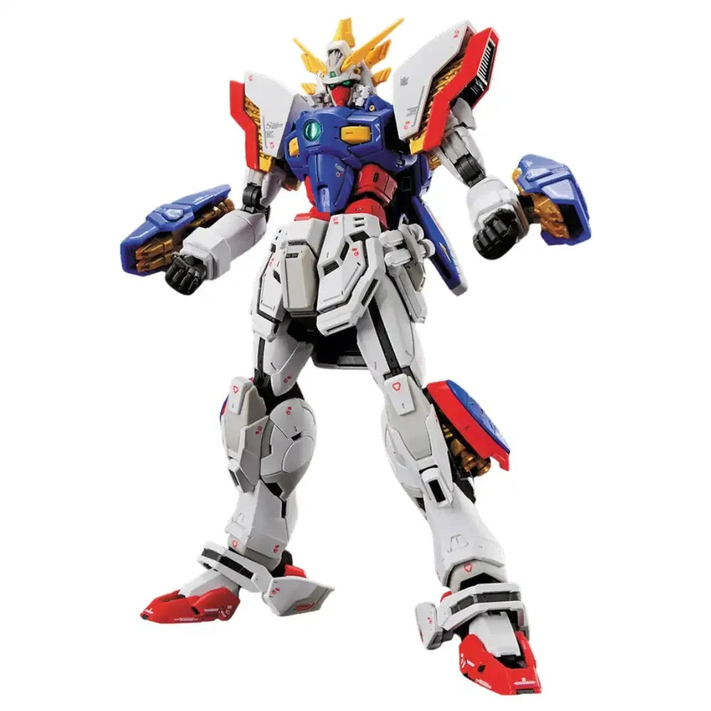 A detailed white, blue, and red God Gundam model stands upright, posed for action on a white background