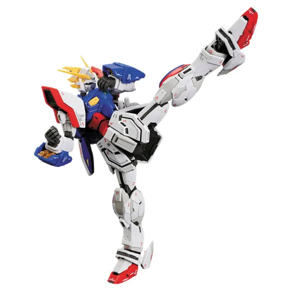 A detailed white, blue, and red Gundam model performs a dynamic high kick pose