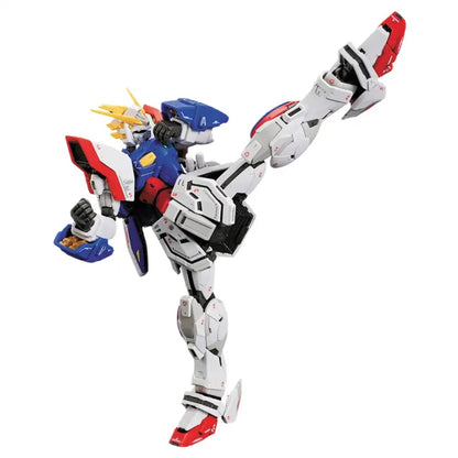 A detailed white, blue, and red Gundam model performs a dynamic high kick pose