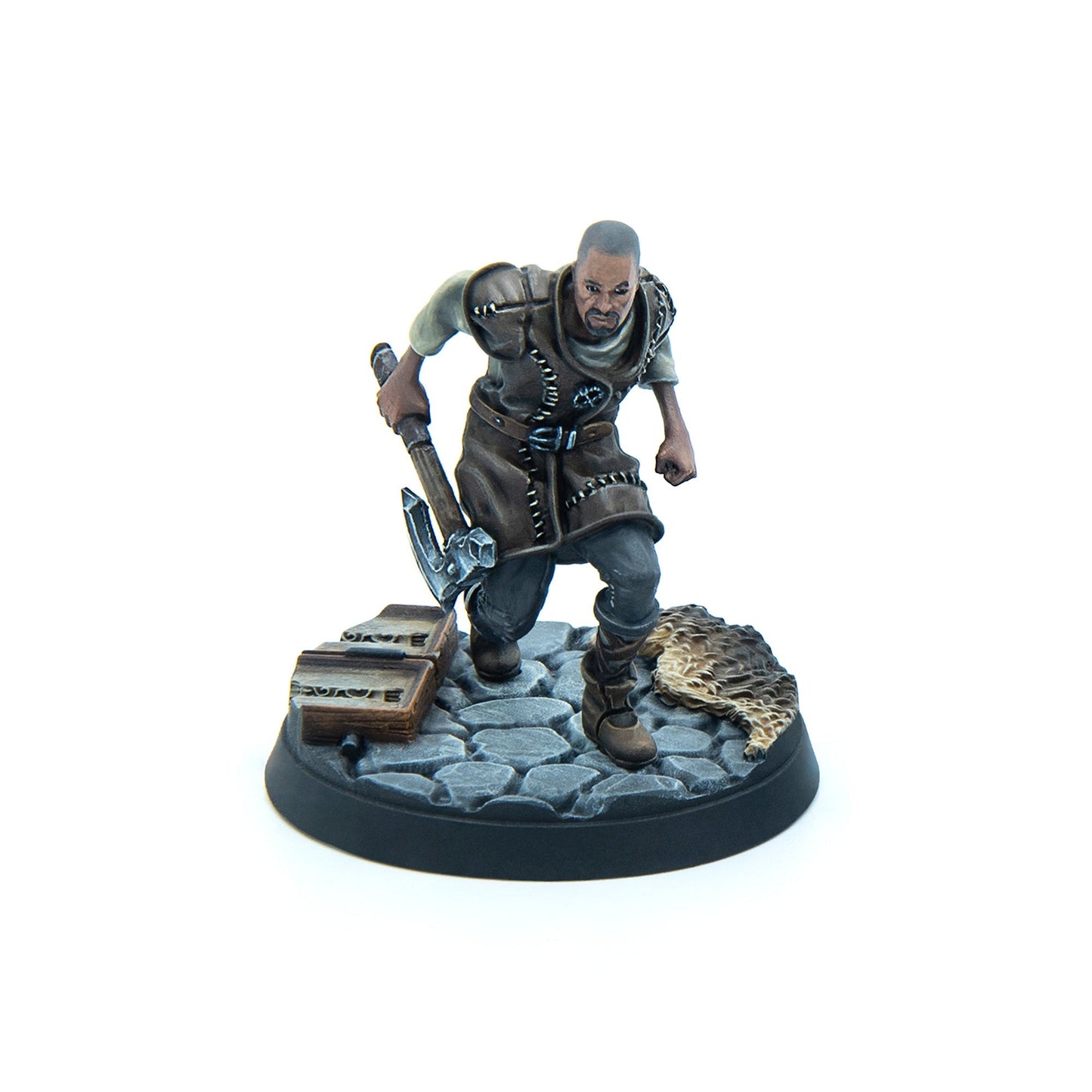 Miniature of a determined man in leather, striding with a raised pickaxe on a cobblestone base