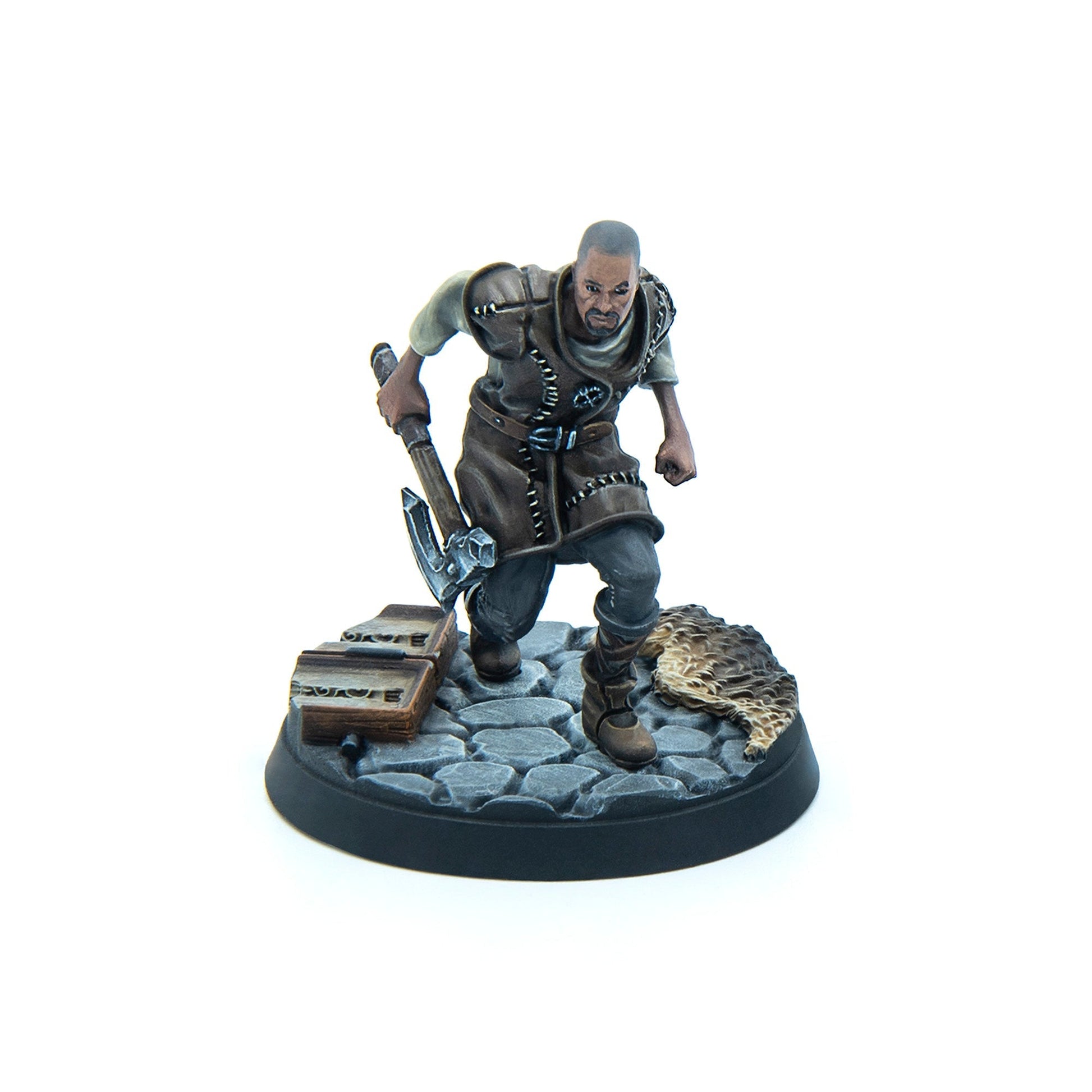 Miniature of a determined man in leather, striding with a raised pickaxe on a cobblestone base