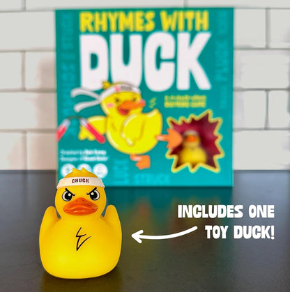 Yellow rubber duck with "CHUCK" headband & lightning bolt, next to a "RHYMES WITH DUCK" game box