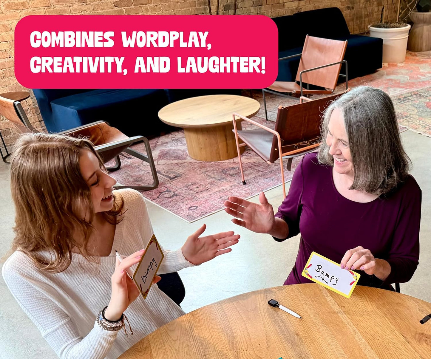 Two smiling women play a word game with "bumpy" cards at a table, Text: "COMBINES WORDPLAY, CREATIVITY, AND LAUGHTER!"