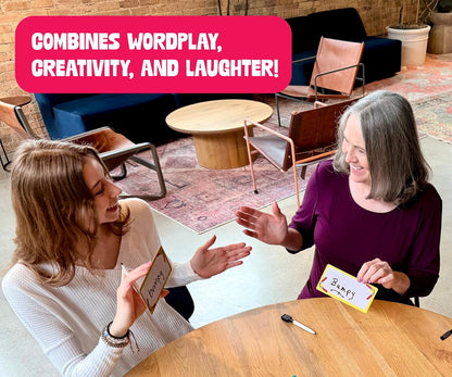 Two smiling women play a word game with "bumpy" cards at a table, Text: "COMBINES WORDPLAY, CREATIVITY, AND LAUGHTER!"