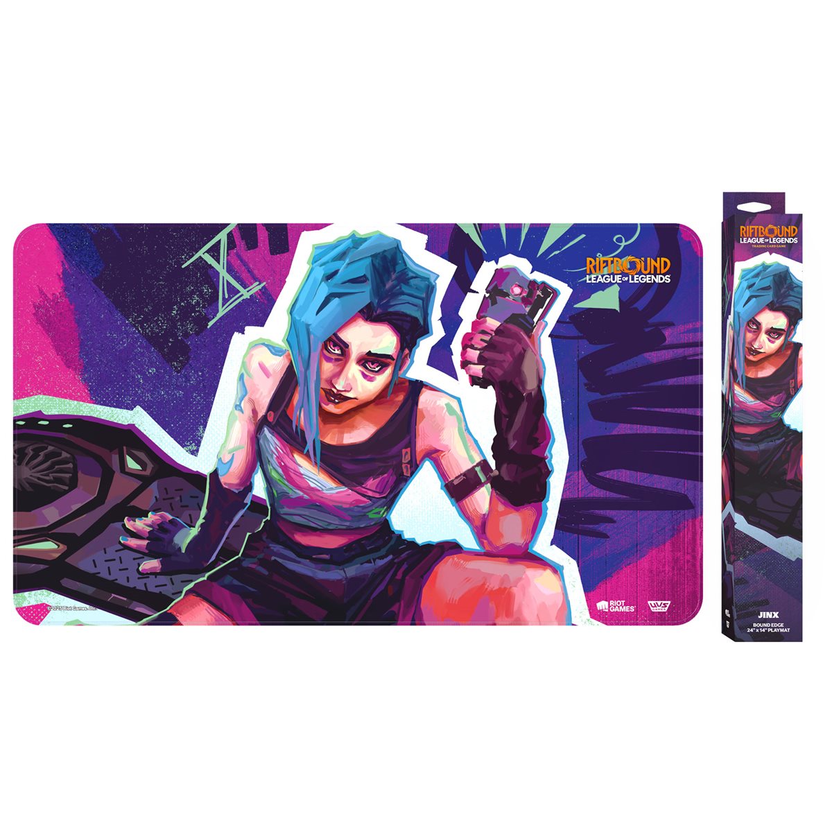 Riftbound League of Legends playmat: Jinx, blue hair, crouching and holding a grenade. Vibrant pink &amp; purple art style