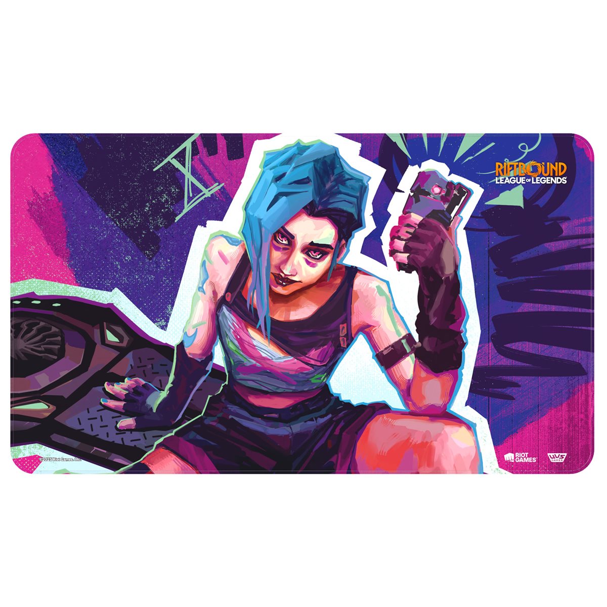 Stylized Jinx with blue hair holds a device against a vibrant, punk-rock background