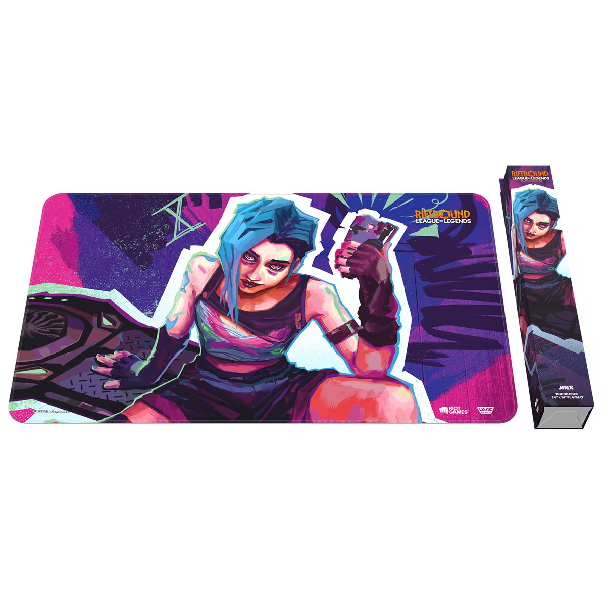 A colorful League of Legends playmat featuring blue-haired Jinx holding playing cards, with matching product packaging