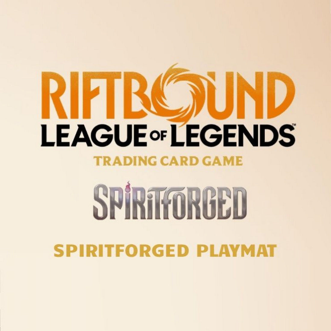 Text logo for the Riftbound League of Legends Trading Card Game announcing the Spiritforged Playmat